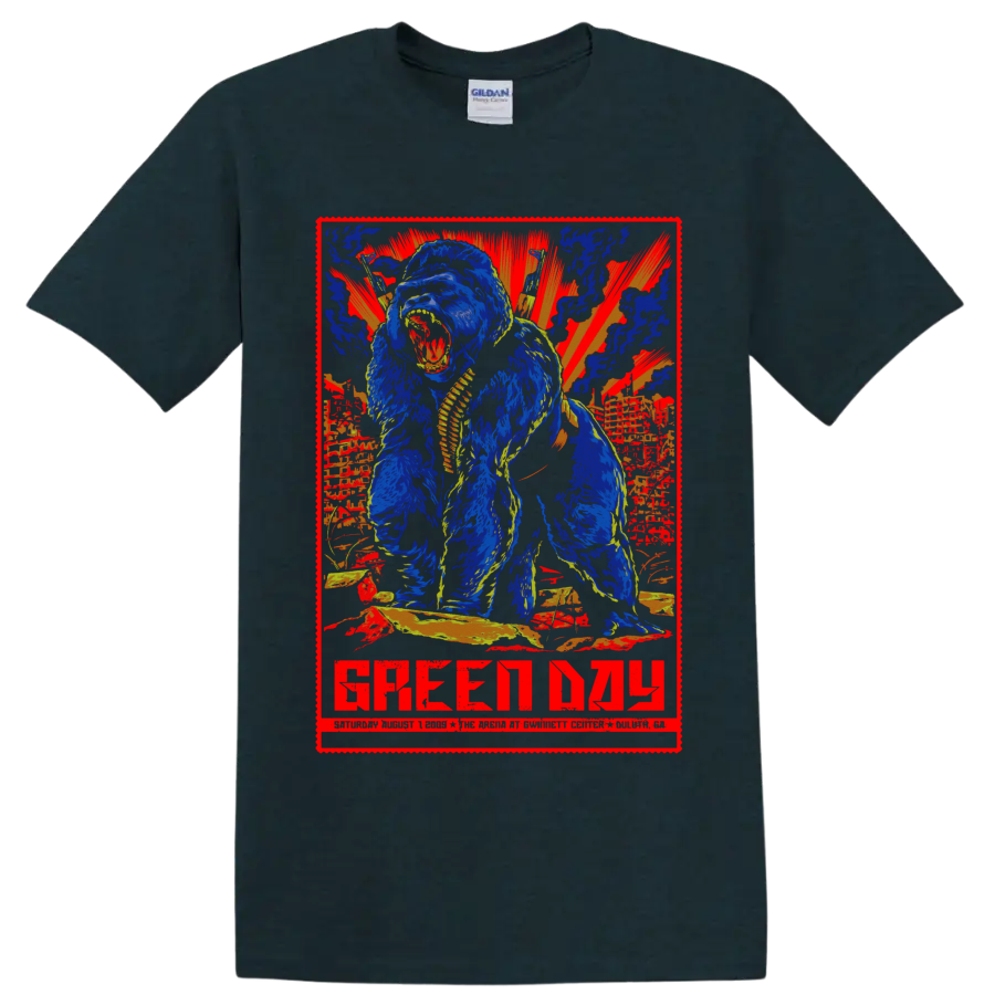 Green Day Duluth 2009 concert-poster graphic with roaring gorilla and sunburst on a Midnight (Green) T Shirt