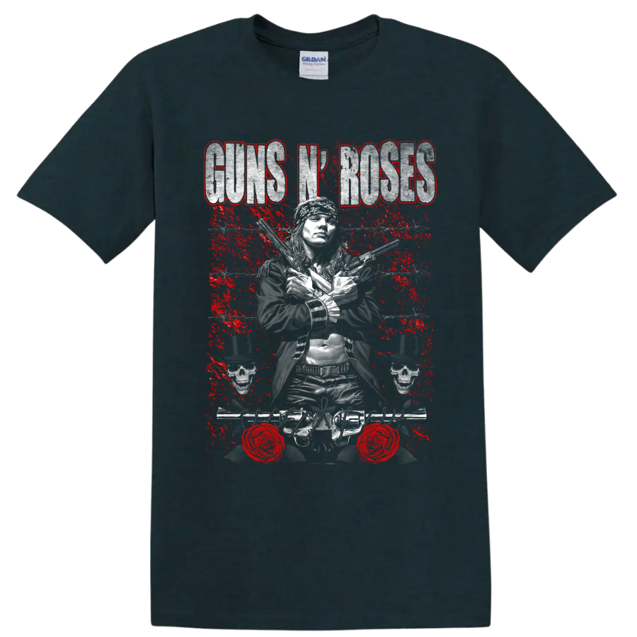 Axl Rose Guns N' Roses distressed rock graphic with crossed pistols and skulls on a Midnight (Green) T Shirt