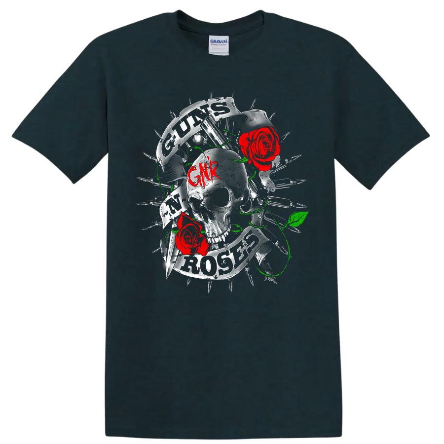 Guns N' Roses skull graphic with red roses, barbed wire, green vines, and GNR lettering on a Midnight (Green) T Shirt