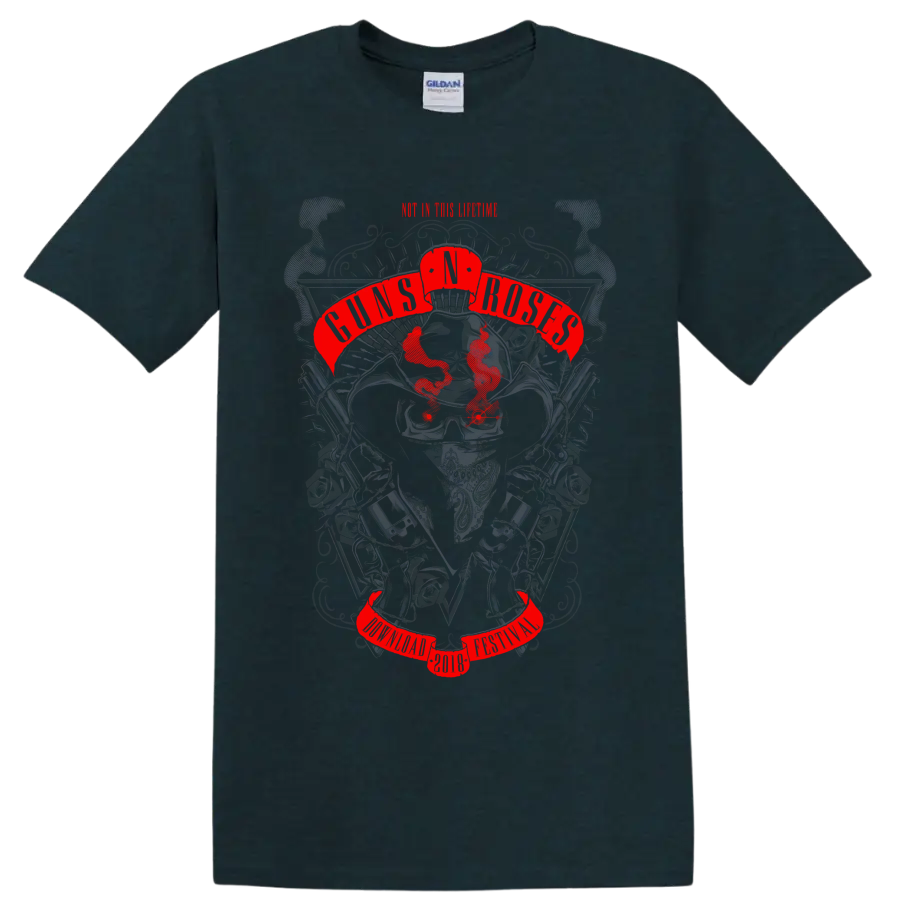 Guns N' Roses tribute poster graphic with skull, roses, pistols, and red banners on a Midnight (Green) T Shirt