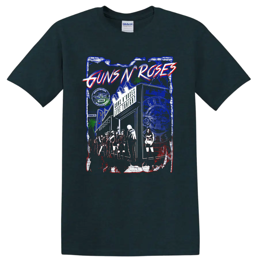 Guns N' Roses distressed Sunset Boulevard Hollywood rock collage graphic on a Midnight (Green) T Shirt