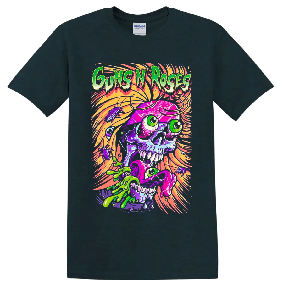 Guns N' Roses neon psychedelic skull with slime, eyeballs, insects, and swirling flames on a Midnight (Green) T Shirt