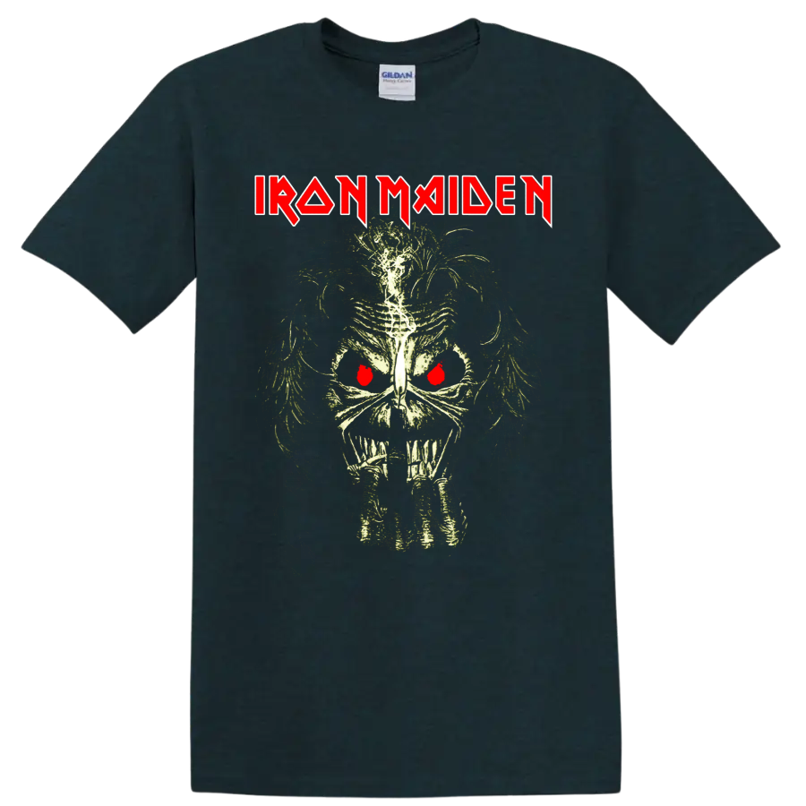 Iron Maiden logo above distressed Eddie skeletal skull with red eyes on a Midnight (Green) T Shirt