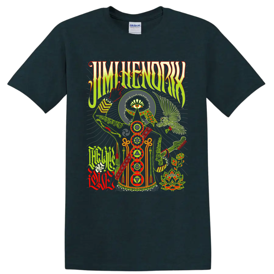 Jimi Hendrix The Cry of Love psychedelic graphic with eye, guitar, bird, and chakra on a Midnight (Green) T Shirt