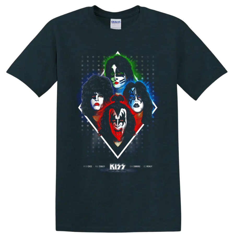 KISS original lineup portraits in face paint with colorful splatter and KISS logo on a Midnight (Green) T Shirt