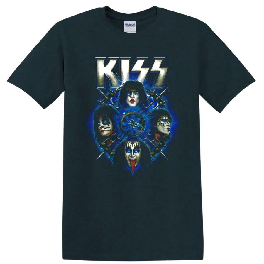 KISS Rock and Roll Over blue collage with four stage-painted faces and radial emblem on a Midnight (Green) T Shirt