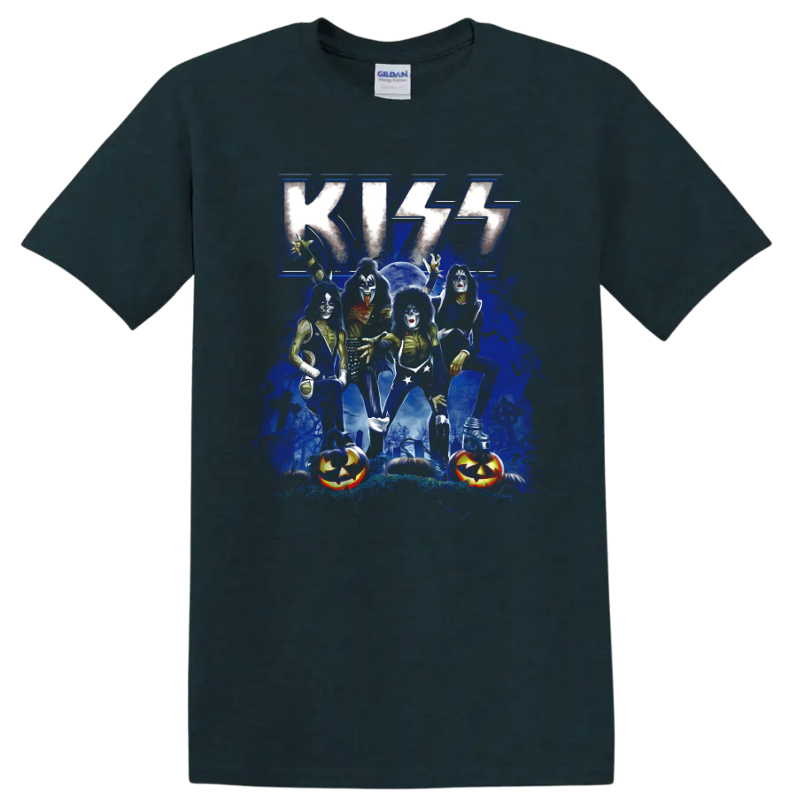 KISS band makeup graphic with graveyard, bats, moon, and jack-o-lanterns on a Midnight (Green) T Shirt