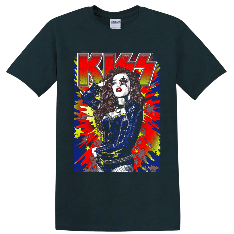 KISS concert poster-style graphic with star-painted performer, splatters, stars, and on a Midnight (Green) T Shirt