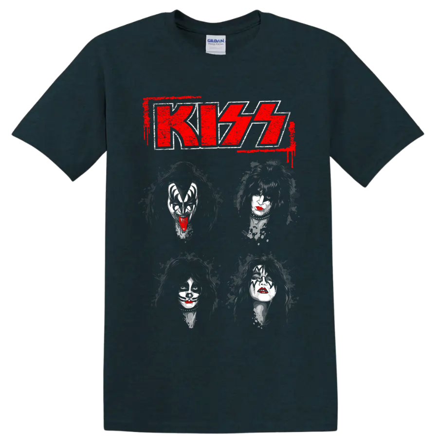 KISS logo with distressed portraits of the four original members on a Midnight (Green) T Shirt