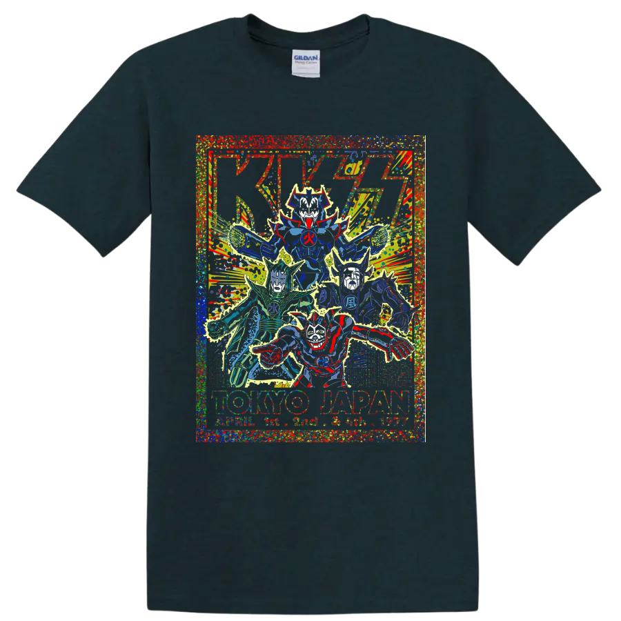 KISS Tokyo Japan concert poster graphic with stylized band figures and lightning on a Midnight (Green) T Shirt