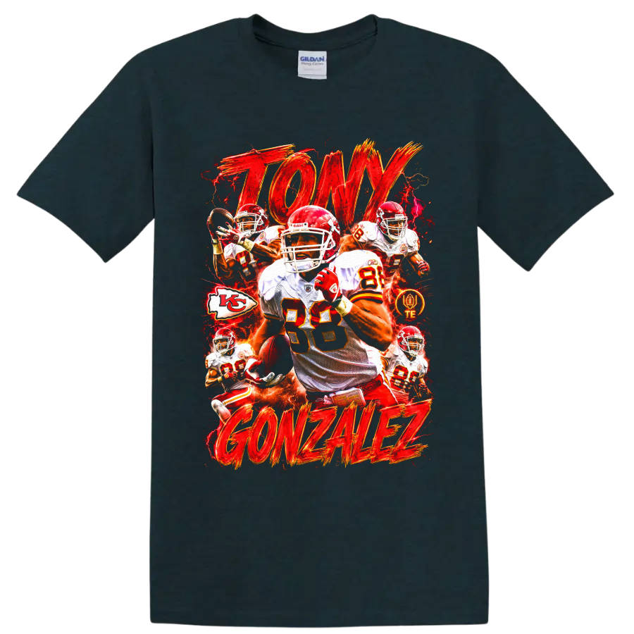 Tony Gonzalez Kansas City Chiefs tight end action collage with fiery red gold lettering on a Midnight (Green) T Shirt