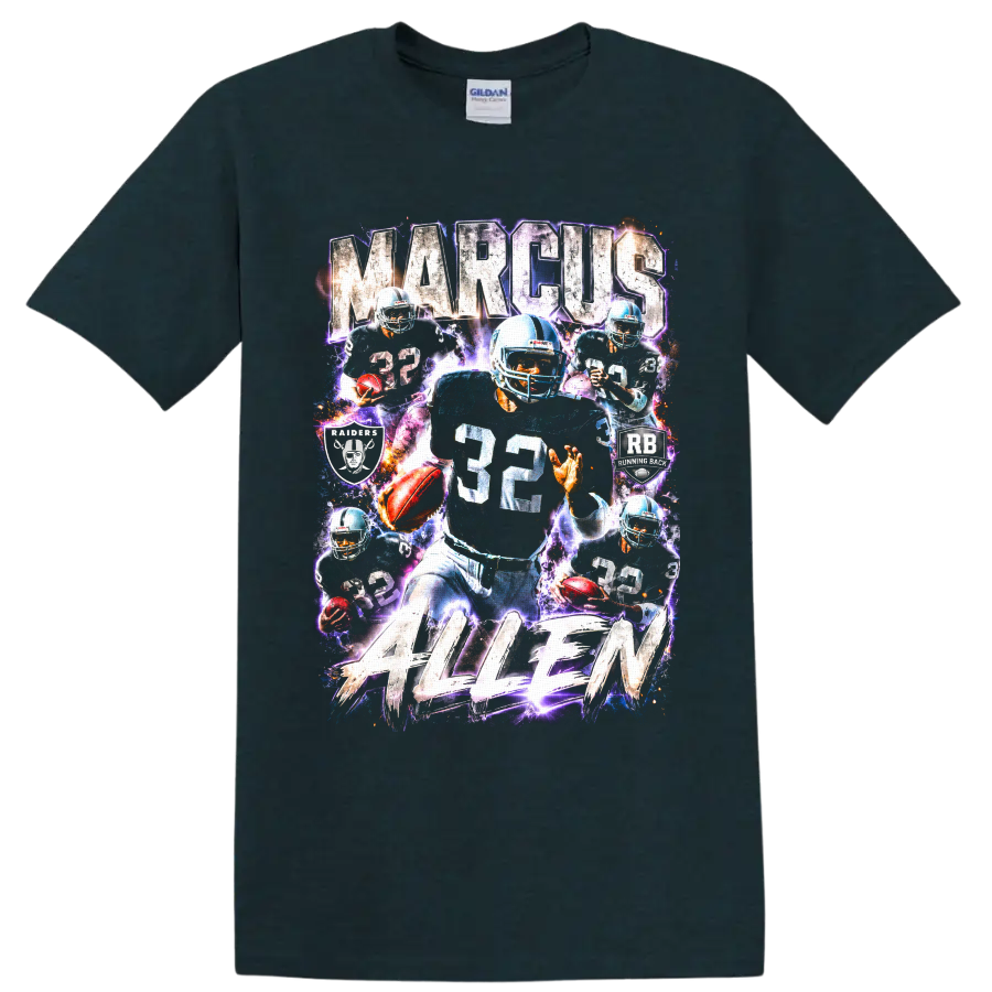 Marcus Allen Los Angeles Raiders number 32 running back electric collage graphic on a Midnight (Green) T Shirt