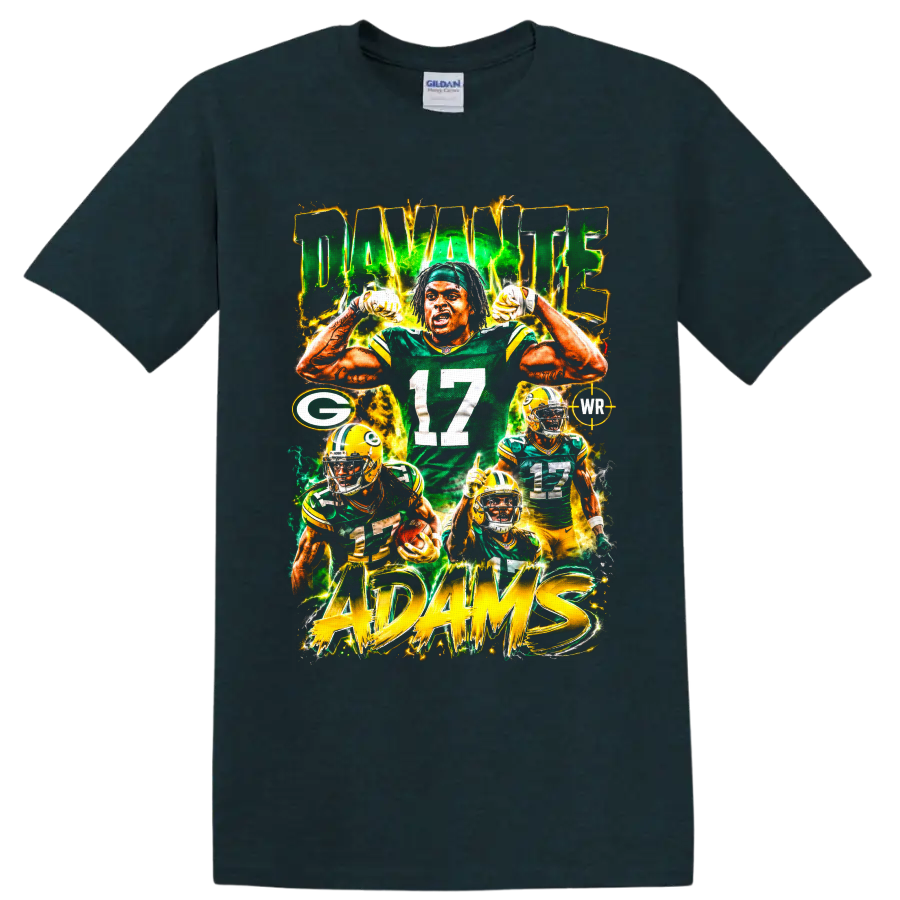 Davante Adams Packers number 17 football collage with electric green and gold ADAMS text on a Midnight (Green) T Shirt