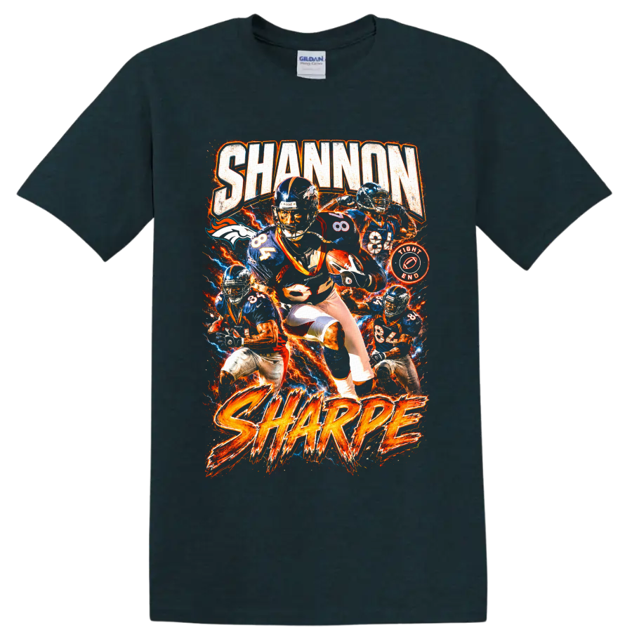 Shannon Sharpe Denver Broncos number 84 fiery vintage football collage graphic on a Midnight (Green) T Shirt