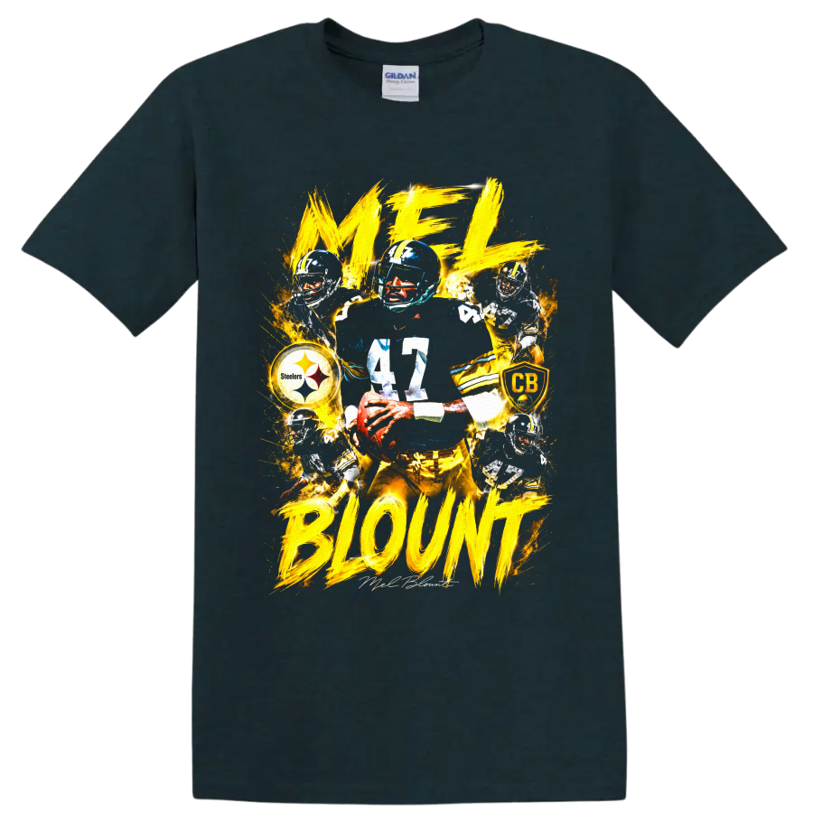 Mel Blount No. 47 Steelers action collage with gold brushstroke lettering on a Midnight (Green) T Shirt