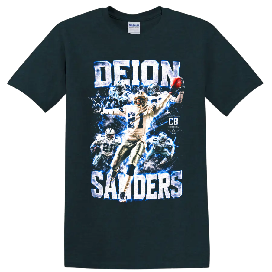 Deion Sanders Dallas Cowboys number 21 cornerback collage with blue lightning and star on a Midnight (Green) T Shirt