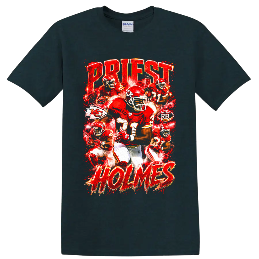 Priest Holmes Kansas City Chiefs running back action collage with PRIEST HOLMES lettering on a Midnight (Green) T Shirt