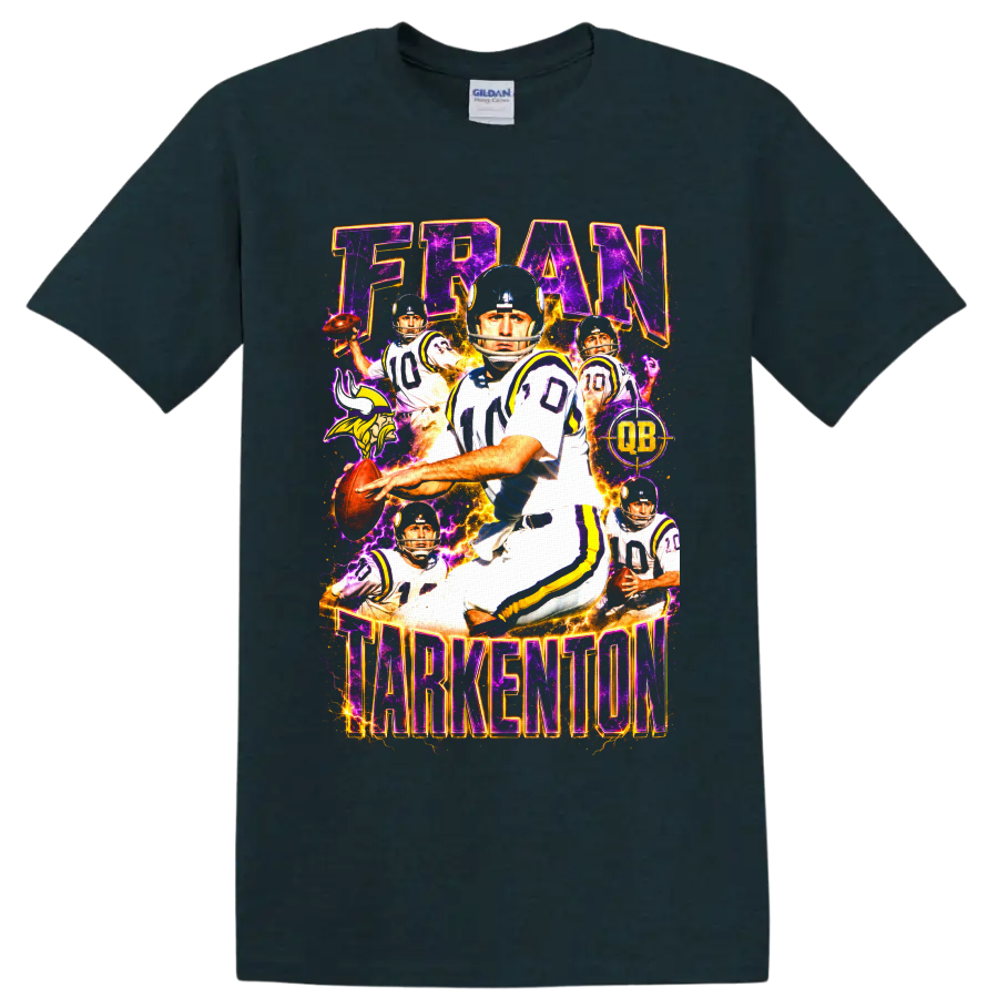 Fran Tarkenton Vikings quarterback collage with purple lightning and FRAN TARKENTON text on a Midnight (Green) T Shirt