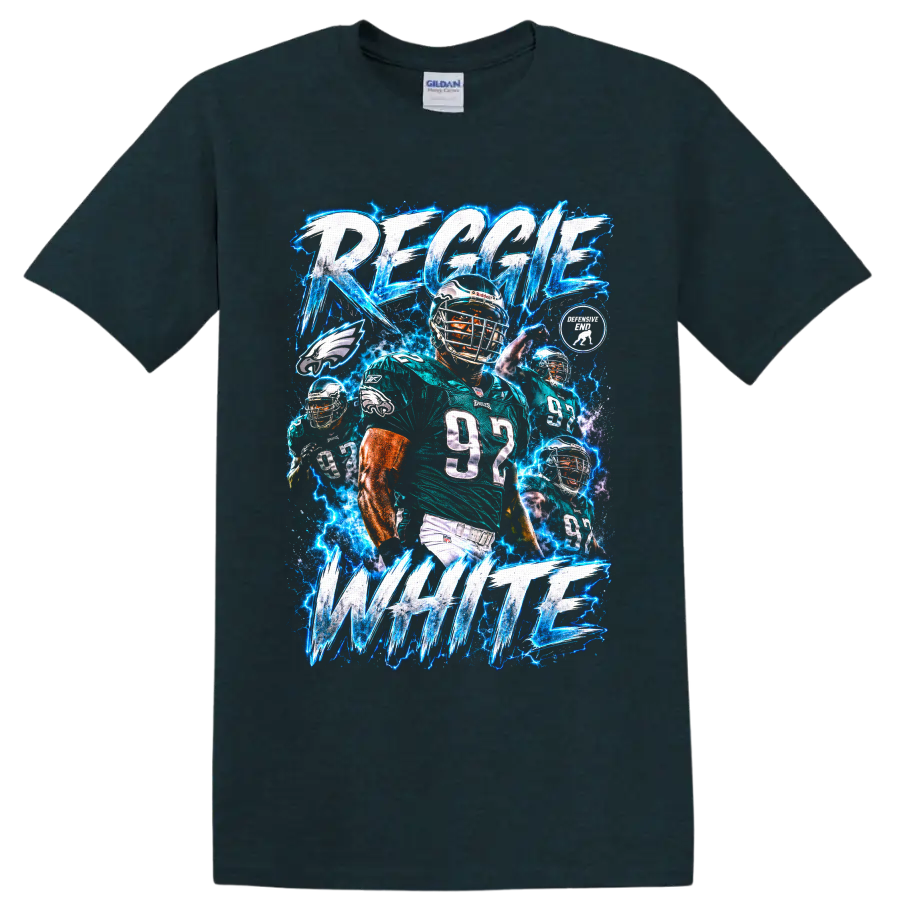 Reggie White Eagles number 92 football collage with electric lightning and bold lettering on a Midnight (Green) T Shirt