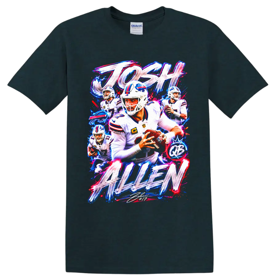 Josh Allen Buffalo Bills quarterback neon action collage with JOSH ALLEN lettering on a Midnight (Green) T Shirt