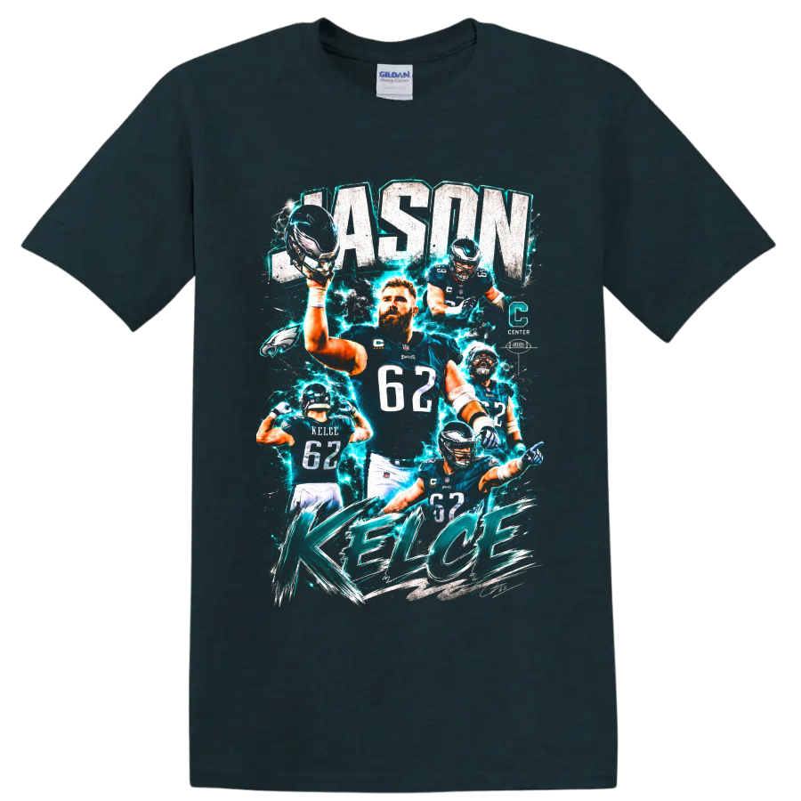 Jason Kelce Eagles center collage with electric teal effects and KELCE lettering on a Midnight (Green) T Shirt