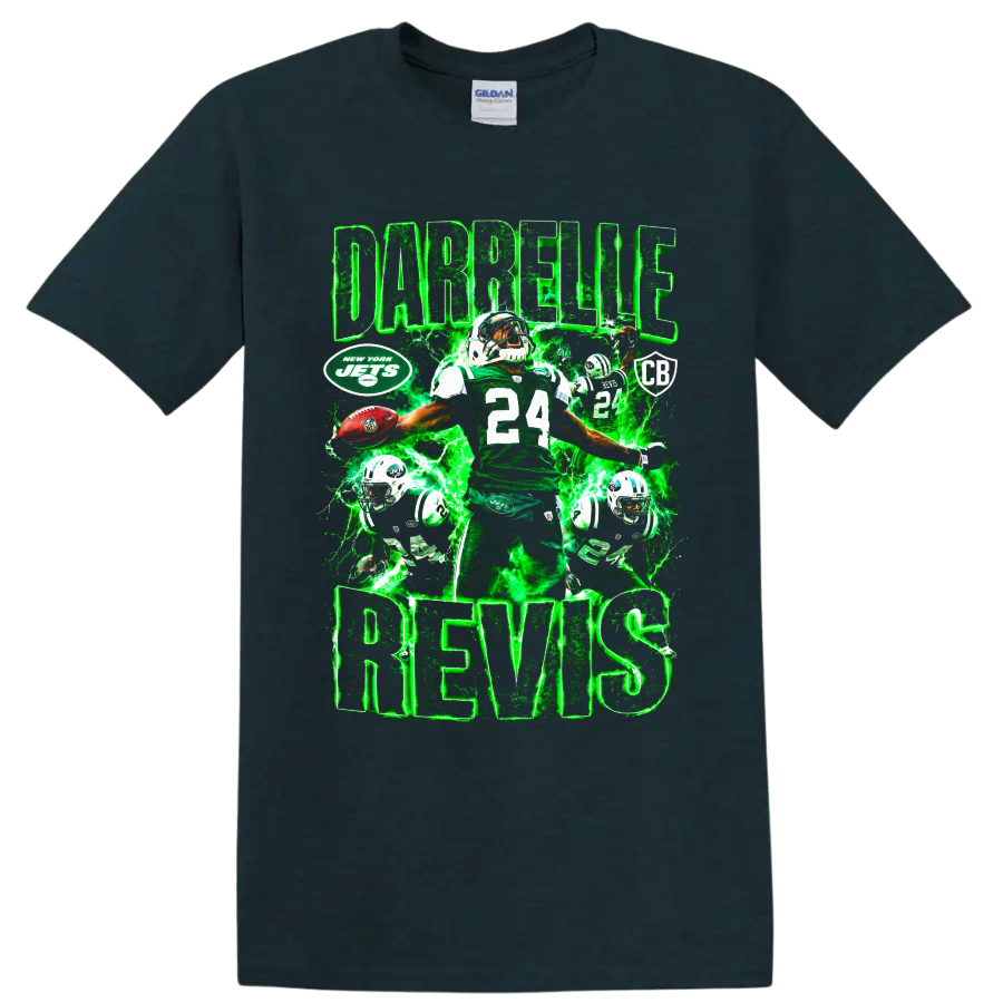 Darrelle Revis New York Jets number 24 football collage with green lightning on a Midnight (Green) T Shirt