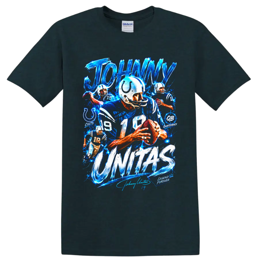 Johnny Unitas Baltimore Colts number 19 quarterback collage with electric blue lettering on a Midnight (Green) T Shirt