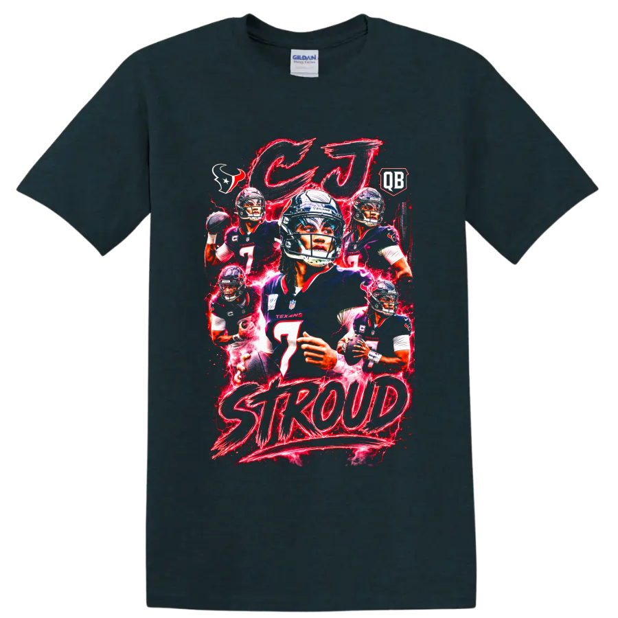 C.J. Stroud Houston Texans football collage with red neon effects and STR0UD text on a Midnight (Green) T Shirt