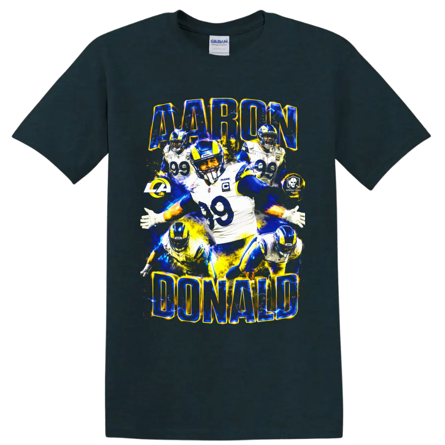 Aaron Donald Los Angeles Rams number 99 football collage with electric lettering on a Midnight (Green) T Shirt