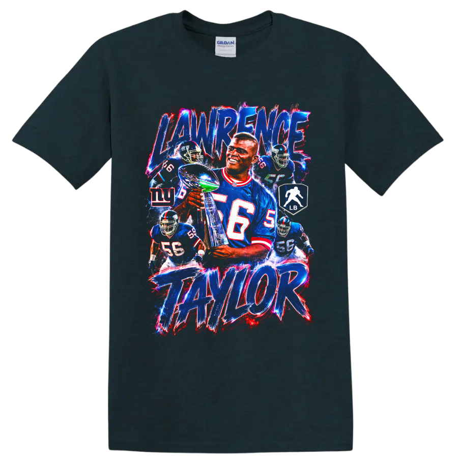Lawrence Taylor New York Giants retro collage with trophy, action poses, and bold on a Midnight (Green) T Shirt