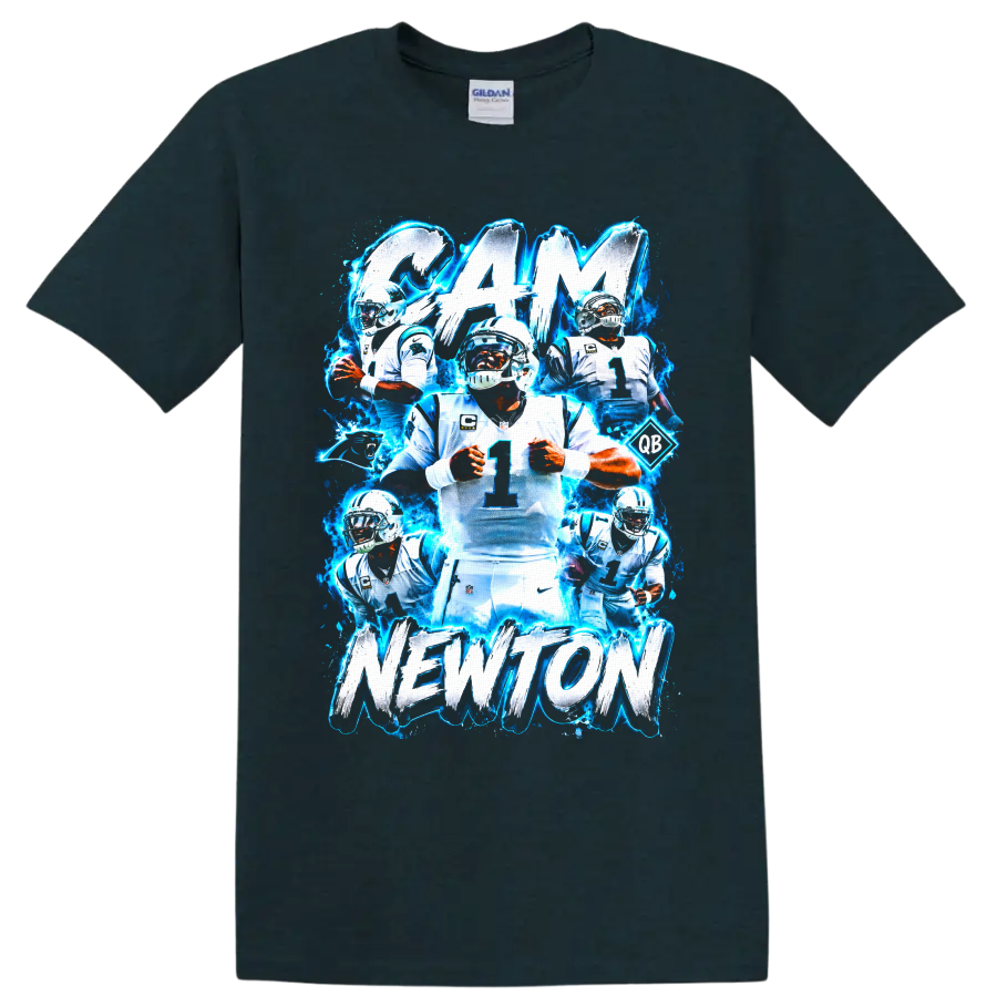 Cam Newton Panthers football collage with electric blue effects and CAM NEWTON text on a Midnight (Green) T Shirt