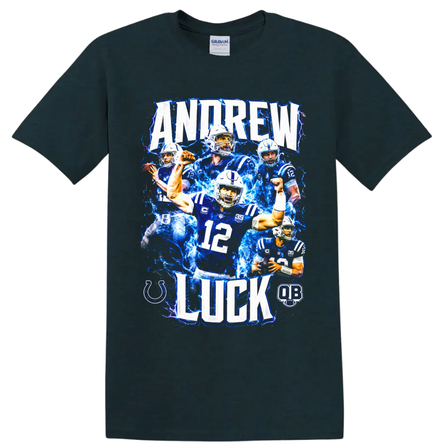 Andrew Luck Colts quarterback collage with number 12 and electric-blue lightning on a Midnight (Green) T Shirt