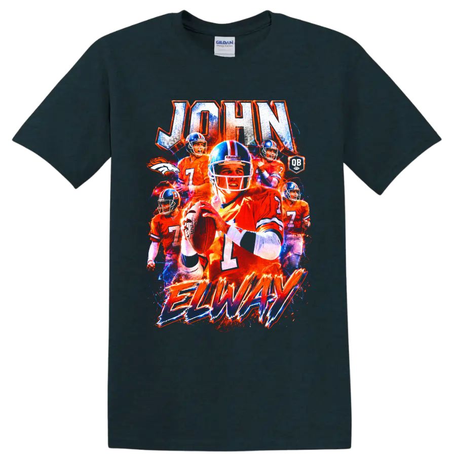 John Elway Denver Broncos quarterback collage with distressed JOHN and ELWAY lettering on a Midnight (Green) T Shirt