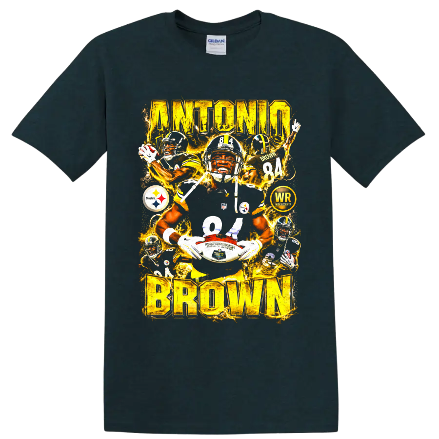 Antonio Brown Pittsburgh Steelers number 84 wide receiver action collage lettering on a Midnight (Green) T Shirt