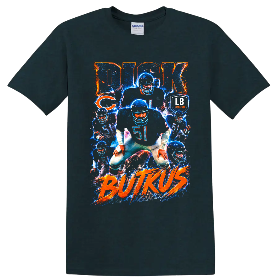 Dick Butkus Chicago Bears No. 51 electric football collage with BUTKUS lettering on a Midnight (Green) T Shirt