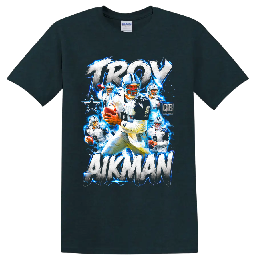Troy Aikman Dallas Cowboys number 8 football collage with distressed lettering and stars on a Midnight (Green) T Shirt