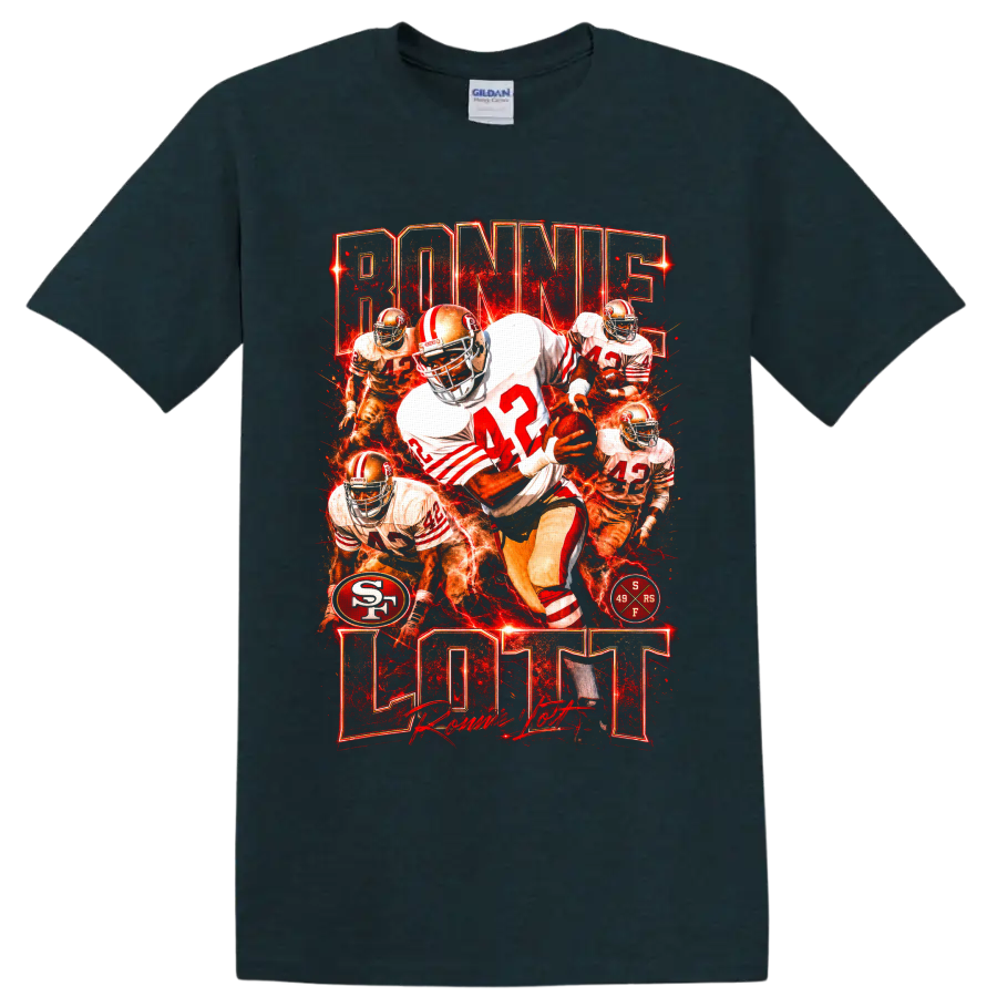 Ronnie Lott 49ers number 42 football collage with fiery red vintage graphic style on a Midnight (Green) T Shirt