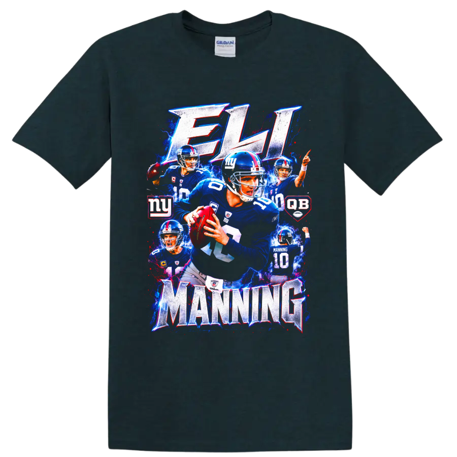 Eli Manning New York Giants quarterback collage with ELI and MANNING lettering on a Midnight (Green) T Shirt