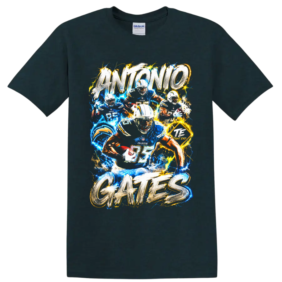 Antonio Gates Los Angeles Chargers tight end collage with electric lightning and bold on a Midnight (Green) T Shirt
