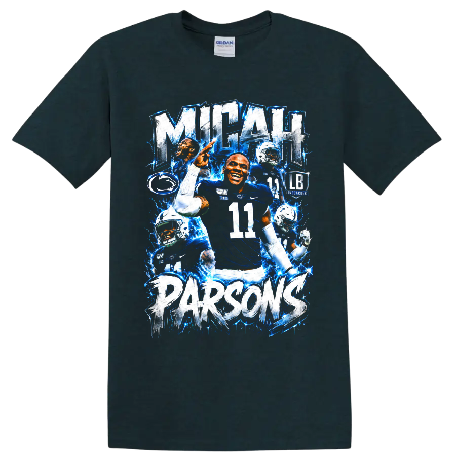 Micah Parsons Penn State linebacker collage with number 11 and electric blue lightning on a Midnight (Green) T Shirt