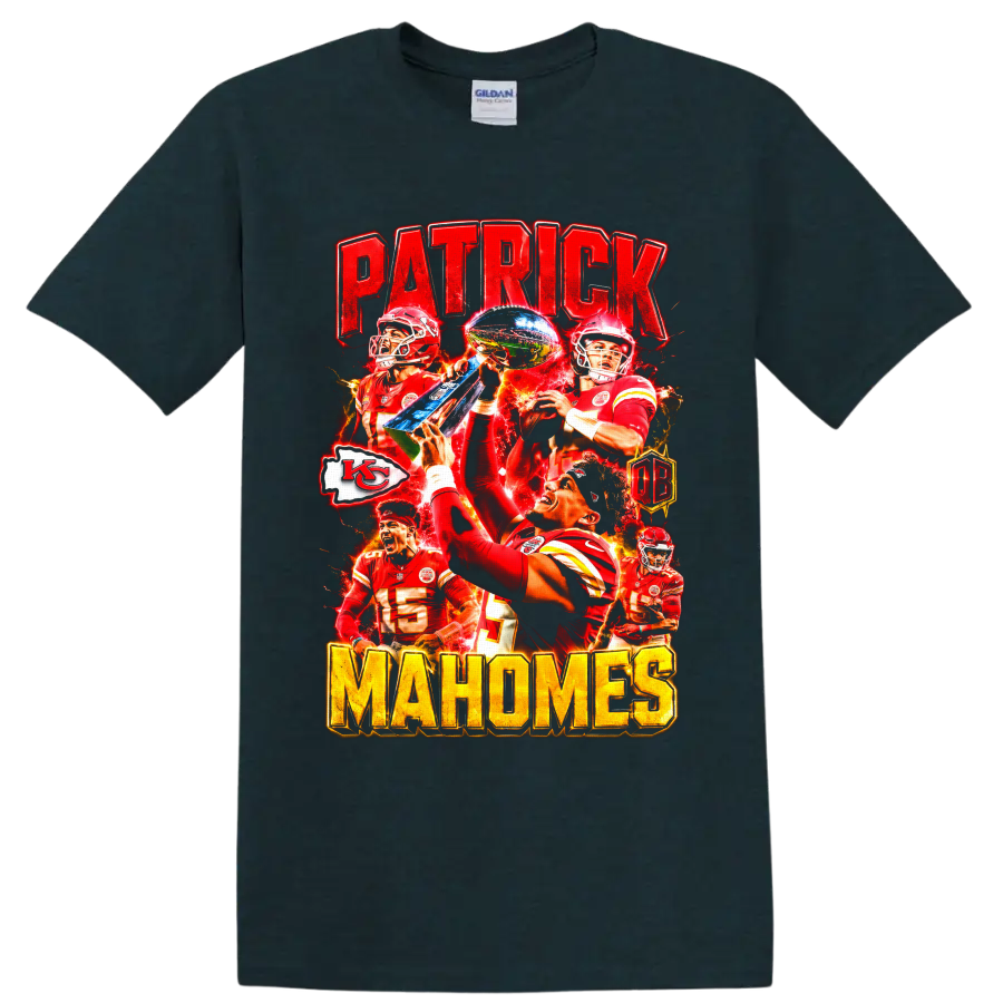 Patrick Mahomes Chiefs trophy football collage with PATRICK and MAHOMES lettering on a Midnight (Green) T Shirt