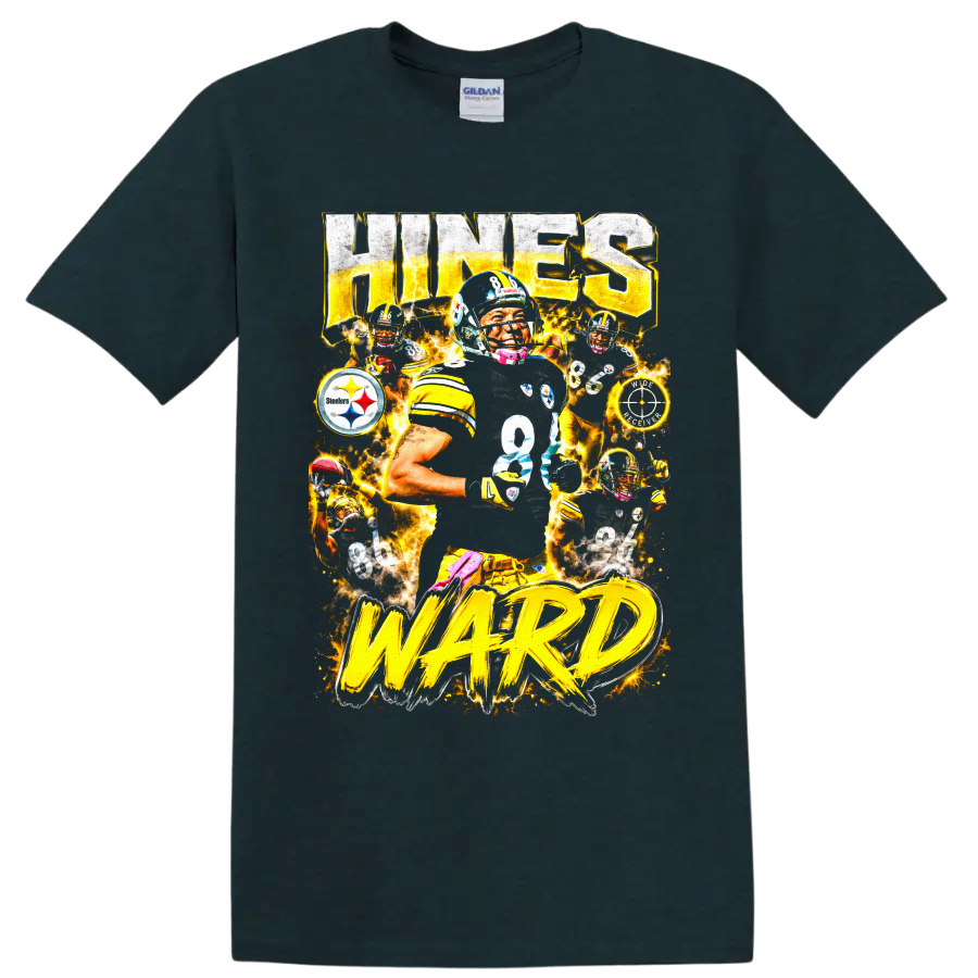 Hines Ward Steelers No. 86 action collage with gold lightning and bold Hines Ward on a Midnight (Green) T Shirt