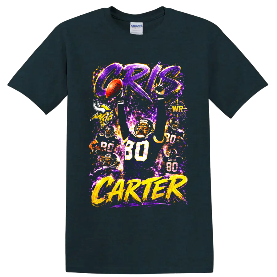 Cris Carter Vikings number 80 football collage with purple lightning and gold lettering on a Midnight (Green) T Shirt