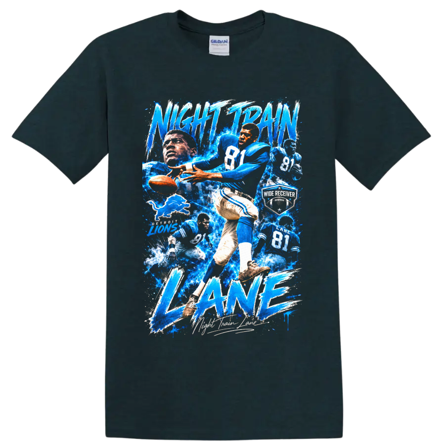 Dick Night Train Lane Detroit Lions football action collage with electric blue lettering on a Midnight (Green) T Shirt
