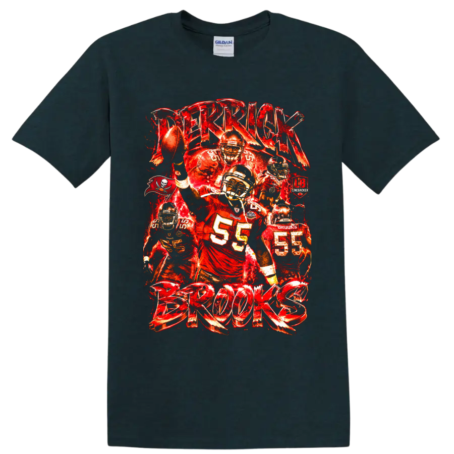 Derrick Brooks number 55 Tampa Bay Buccaneers linebacker collage with bold Brooks on a Midnight (Green) T Shirt