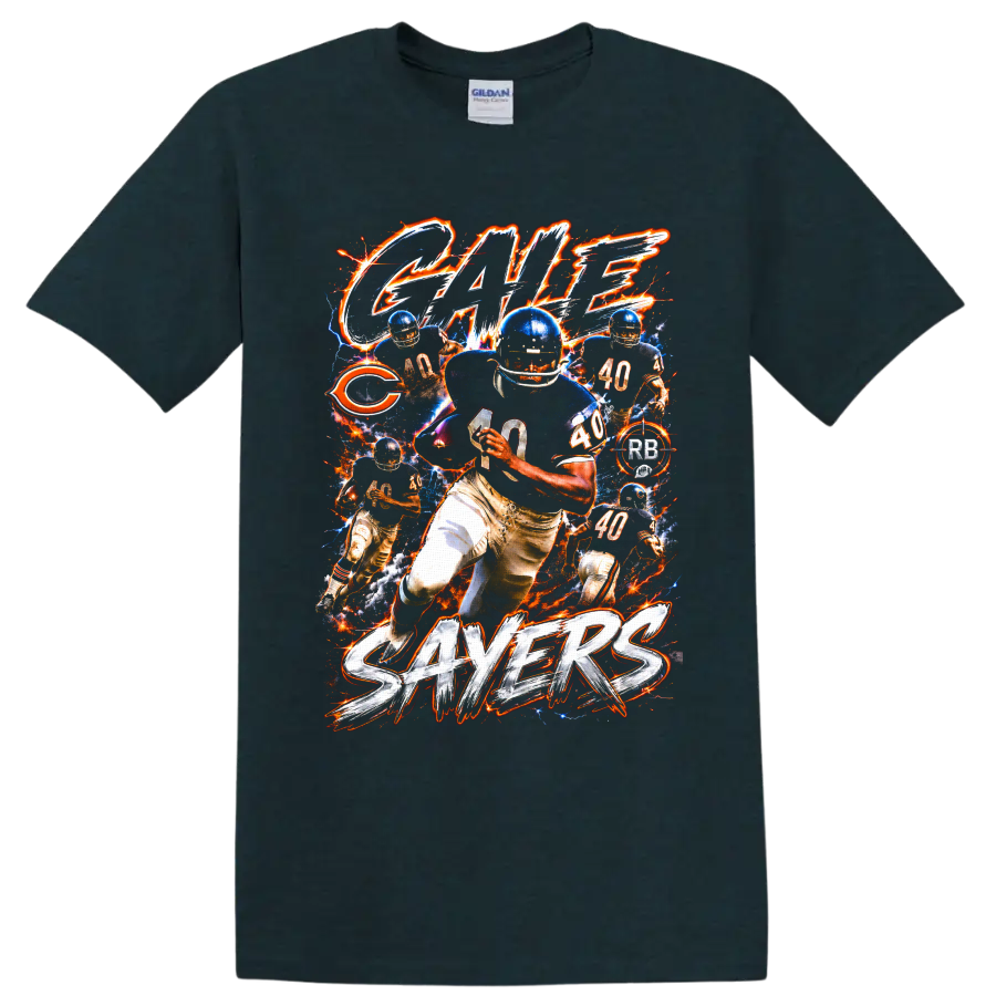 Gale Sayers Chicago Bears No. 40 football action collage with electric fiery effects on a Midnight (Green) T Shirt