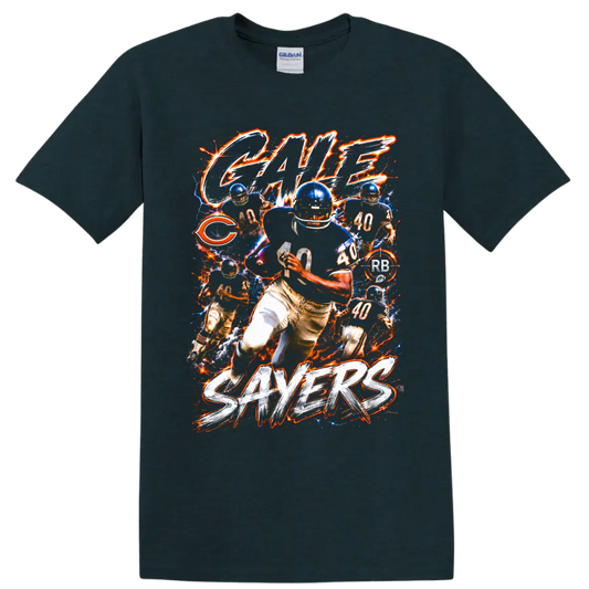Gale Sayers Chicago Bears No. 40 football action collage with electric fiery effects on a Midnight (Green) T Shirt