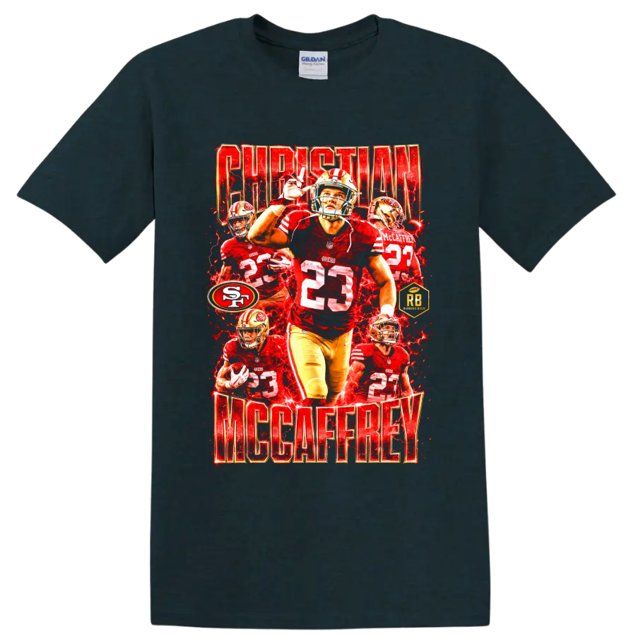 Christian McCaffrey 49ers number 23 football collage with red lightning and player on a Midnight (Green) T Shirt