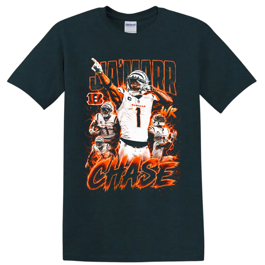 Ja'Marr Chase Bengals number 1 action collage with fiery orange lightning and CHASE text on a Midnight (Green) T Shirt