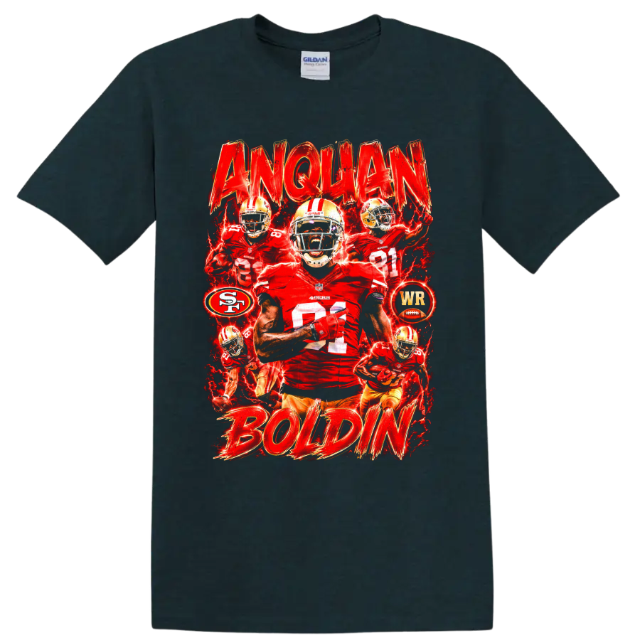Anquan Boldin 49ers wide receiver action collage with distressed ANQUAN BOLDIN text on a Midnight (Green) T Shirt
